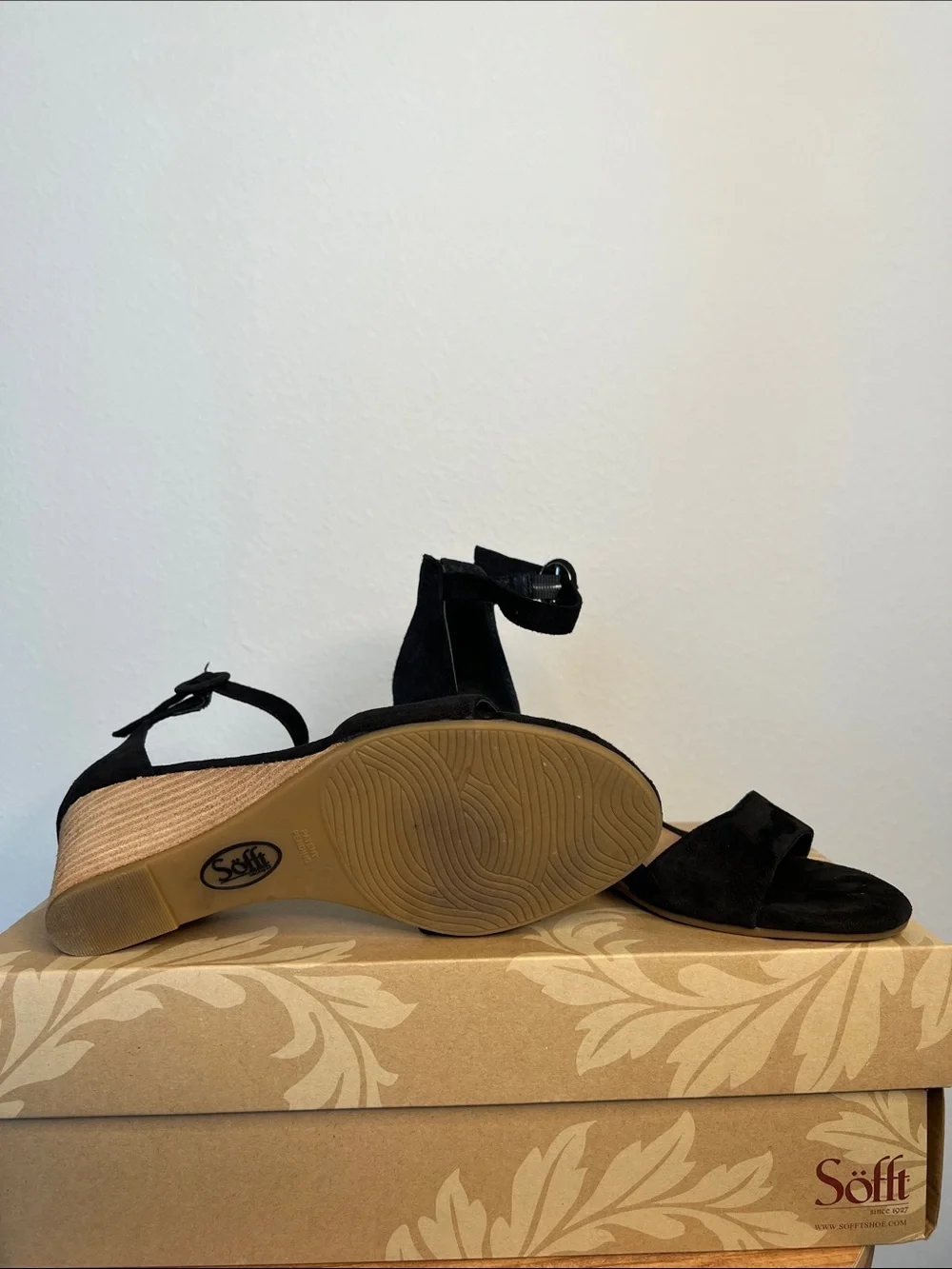 Sofft Black Suede Ankle-Strap Wedge Sandals